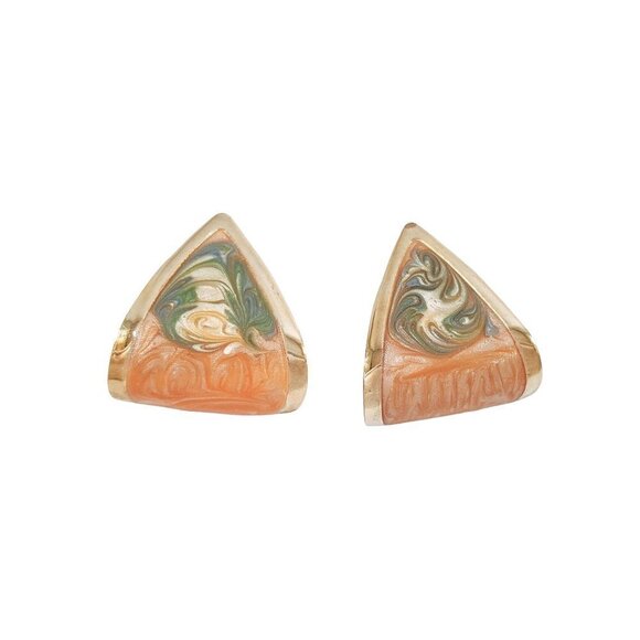 Vintage 80s Curl Triangle Peach & Green Enamel Swirl Gold Tone Pierced Earrings - Picture 2 of 11